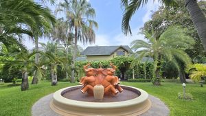 A great fountain surrounded by greenery